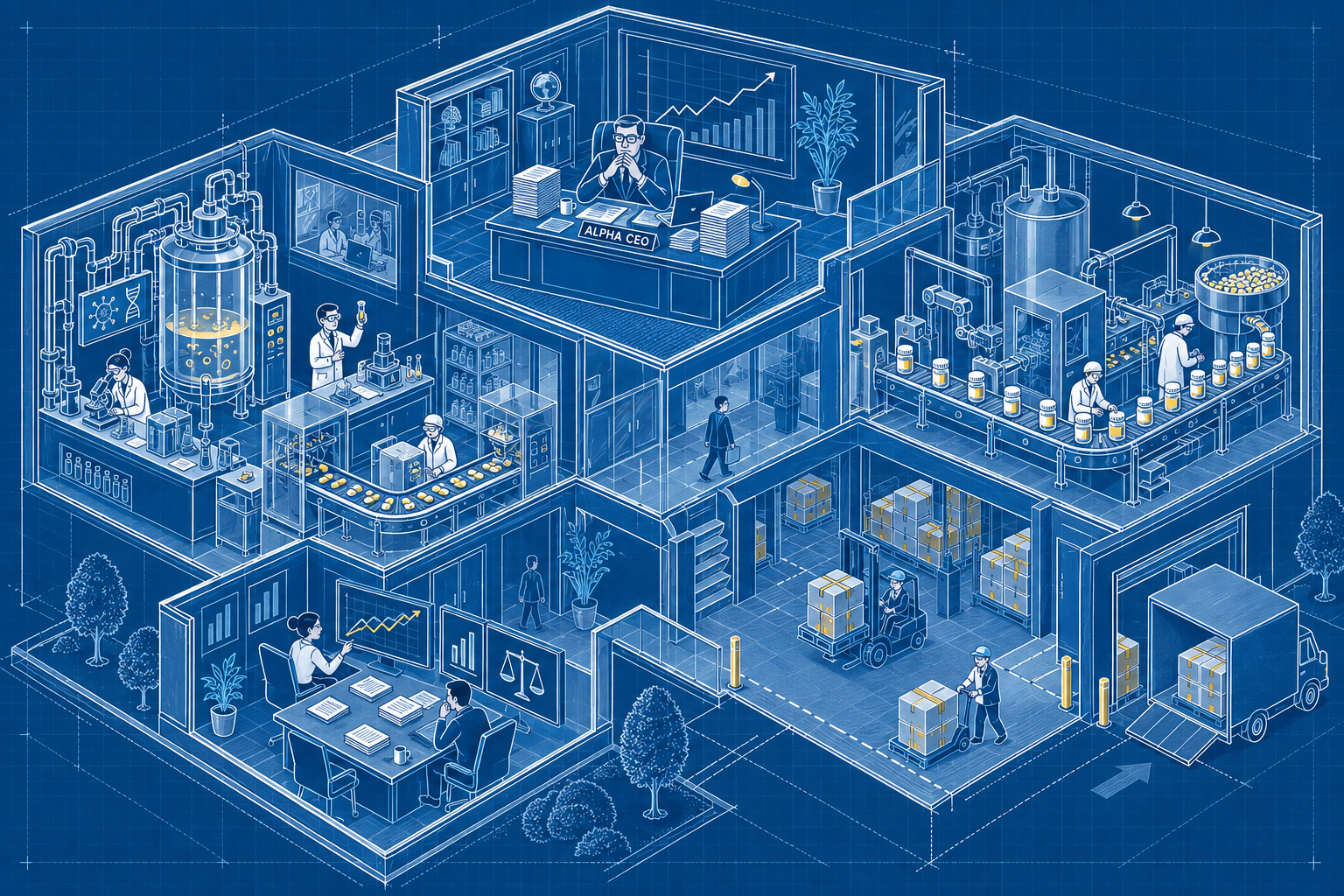 Comic architectural blueprint of an office, pharmaceutical lab, factory, and economic planning room, with a very serious Alpha CEO at the center.